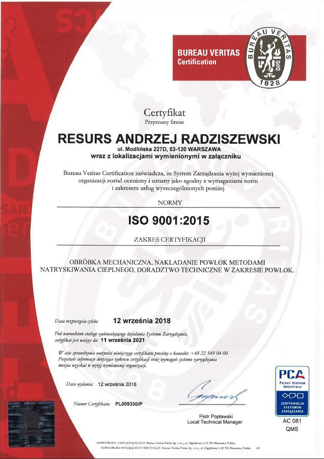 certyfikat BV dla RESURS Andrzej Radziszewski